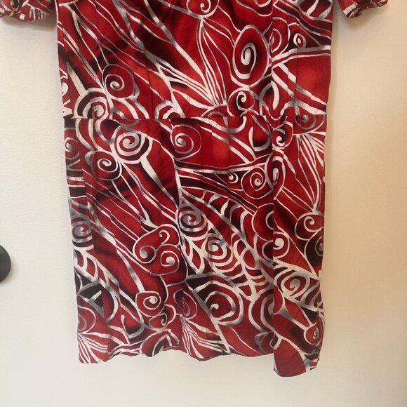 BCBGMaxAzria 3/4-sleeve scoopneck blouson dress, red swirl pattern, sz M - Picture 5 of 9